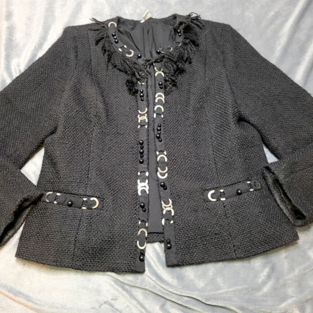 Chicos Jacket Embellished Black Knit Coatigan Womens Large Size 2 Slit Pockets